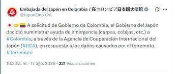 La Embajada del Japón en Colombia informó que el Gobierno del Japón enviará carpas y cobijas como ayuda de emergencia - crédito @JapanEmb_Col/X