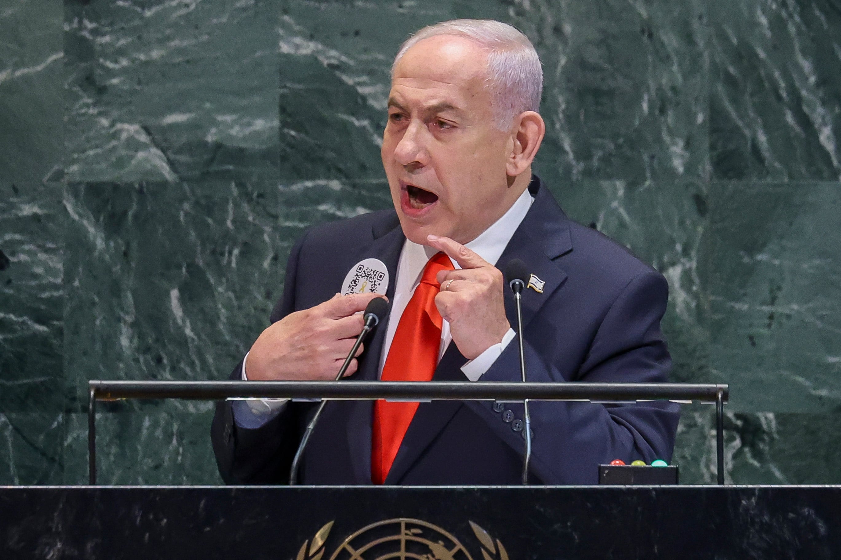 El primer ministro israelí, Benjamín Netanyahu, ante la Asamblea General de la ONU. EFE/EPA/SARAH YENESEL