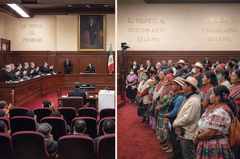 Jueces con togas, bandera de México y público en sala de audiencias. Grupo de personas con vestimenta tradicional en recinto con tapiz rojo.