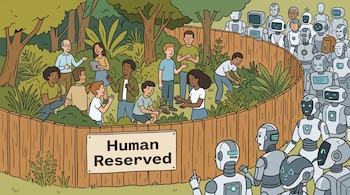 Personas en un jardín delimitado por una valla con la frase Human Reserved, rodeadas por múltiples robots en el exterior.