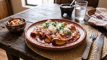 Plato de barro con enchiladas cubiertas de crema y queso, junto a cubiertos, un vaso de agua y tazón con verduras en escabeche.