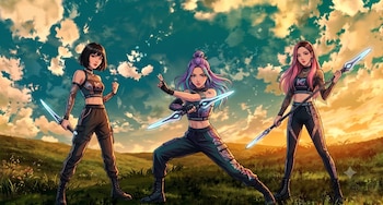 Tres mujeres. Cada una sostiene un arma luminosa. Llevan ropa oscura y están en un campo de hierba. El cielo es azul con nubes blancas y anaranjadas