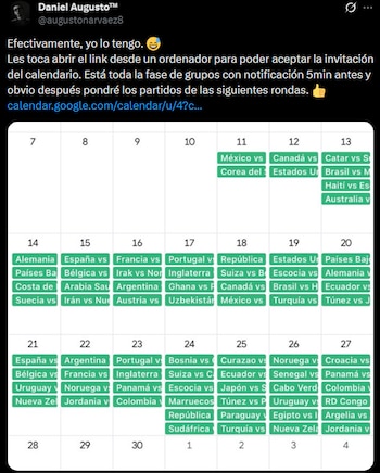 Un usuario de X creó un calendario de Google en el que se pueden seguir todos los partidos.
