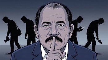 Ilustración de Daniel Ortega con un dedo en los labios haciendo silencio, con siluetas de periodistas que llevan cámara, libreta y micrófono de fondo.