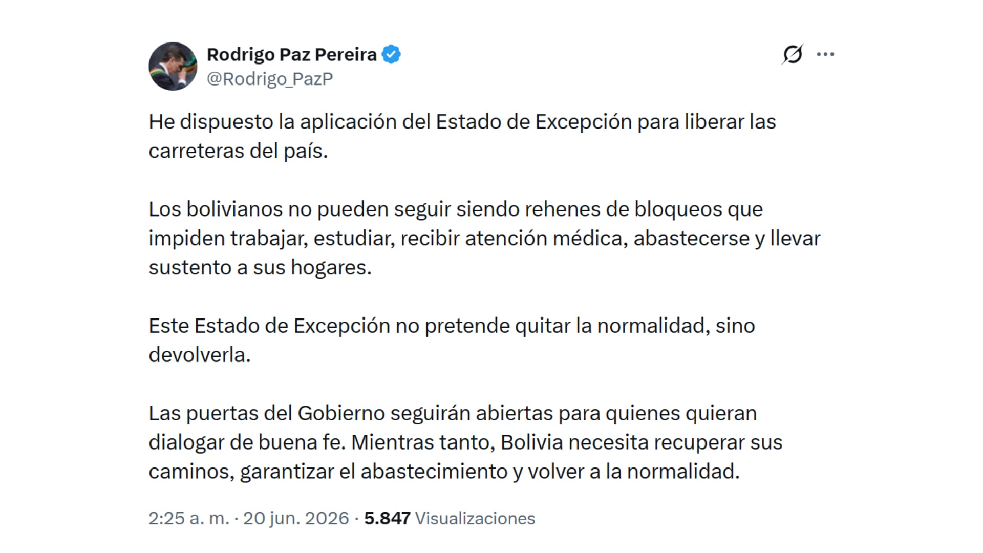 Rodrigo Paz declaró el estado de excepción y lo comunicó vía X (@Rodrigo_PazP)