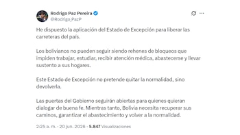 Rodrigo Paz declaró el estado de excepción y lo comunicó vía X (@Rodrigo_PazP)