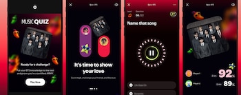 Cuatro pantallas móviles muestran la interfaz en inglés de un juego de trivia interactivo de la banda BTS en Spotify