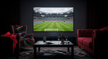 Sala oscura con televisor mostrando partido de fútbol, lencería roja en silla, manta de rayas, máscara de lucha libre, botella de champaña, dos copas.