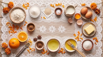 Recipientes con harina, azúcar, leche, huevos, mantequilla, naranjas y pétalos de cempasúchil dispuestos sobre un mantel de encaje blanco.
