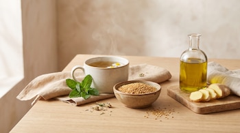 Taza de infusión con manzanilla y vapor, cuenco de semillas de lino, hojas de menta, botella de aceite de oliva y rodajas de jengibre en mesa de madera clara.