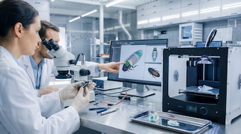 Dos científicos en laboratorio con batas blancas y guantes; uno mira un microscopio, el otro sostiene una cucaracha con microchip, al lado de una pantalla con modelos 3D y una impresora 3D.