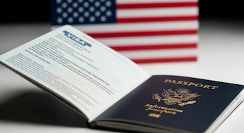 Primer plano de un pasaporte estadounidense abierto mostrando sus páginas interiores, con una bandera de Estados Unidos desenfocada al fondo.