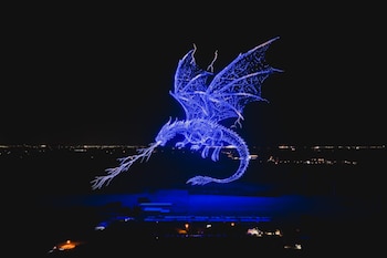 Un dragón gigante formado por 10.183 drones iluminó el cielo de Texas y consiguió un récord Guinness (Credito: Guiness World Records - Sky Elements Drones)