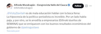 El congresista Alfredo Mondragón cuestionó el trabajo periodístico de Vicky Dávila en la revista Semana, propiedad de los empresarios Gilinski - crédito @AlfreMondragon/X