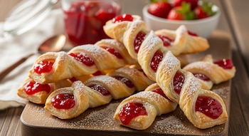 Palitos de hojaldre rellenos de mermelada de frutilla con azúcar impalpable sobre una tabla de madera. Frutillas frescas en un cuenco y mermelada en un frasco.