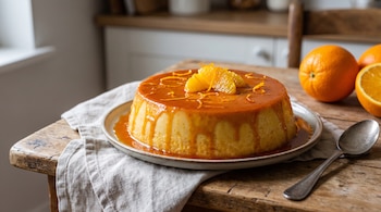 Un flan redondo con cobertura de caramelo y gajos de naranja en un plato sobre una mesa de madera junto a unas naranjas y una cuchara.