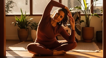 Mujer latina de 40s sentada en el suelo con ropa marrón haciendo un estiramiento lateral. Fondo soleado con plantas en macetas y una ventana.