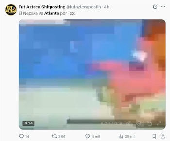 Captura de pantalla de un tuit de Fut Azteca Shitposting con texto "El Necaxa vs Atlante por Fox:", un video pixelado y métricas de interacción