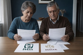 Una mujer y un hombre adultos mayores leen documentos en una mesa de madera. Sobre la mesa, dos hojas impresas con los logotipos del IMSS y el ISSSTE.