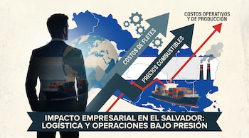 Ilustración conceptual de un empresario frente al mapa de El Salvador, mostrando el impacto del aumento en los costos de fletes y combustibles en las operaciones empresariales.
