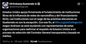 Estados Unidos advirtió que rechazará la injerencia del narcotráfico y el financiamiento ilícito en el proceso electoral de Guatemala.