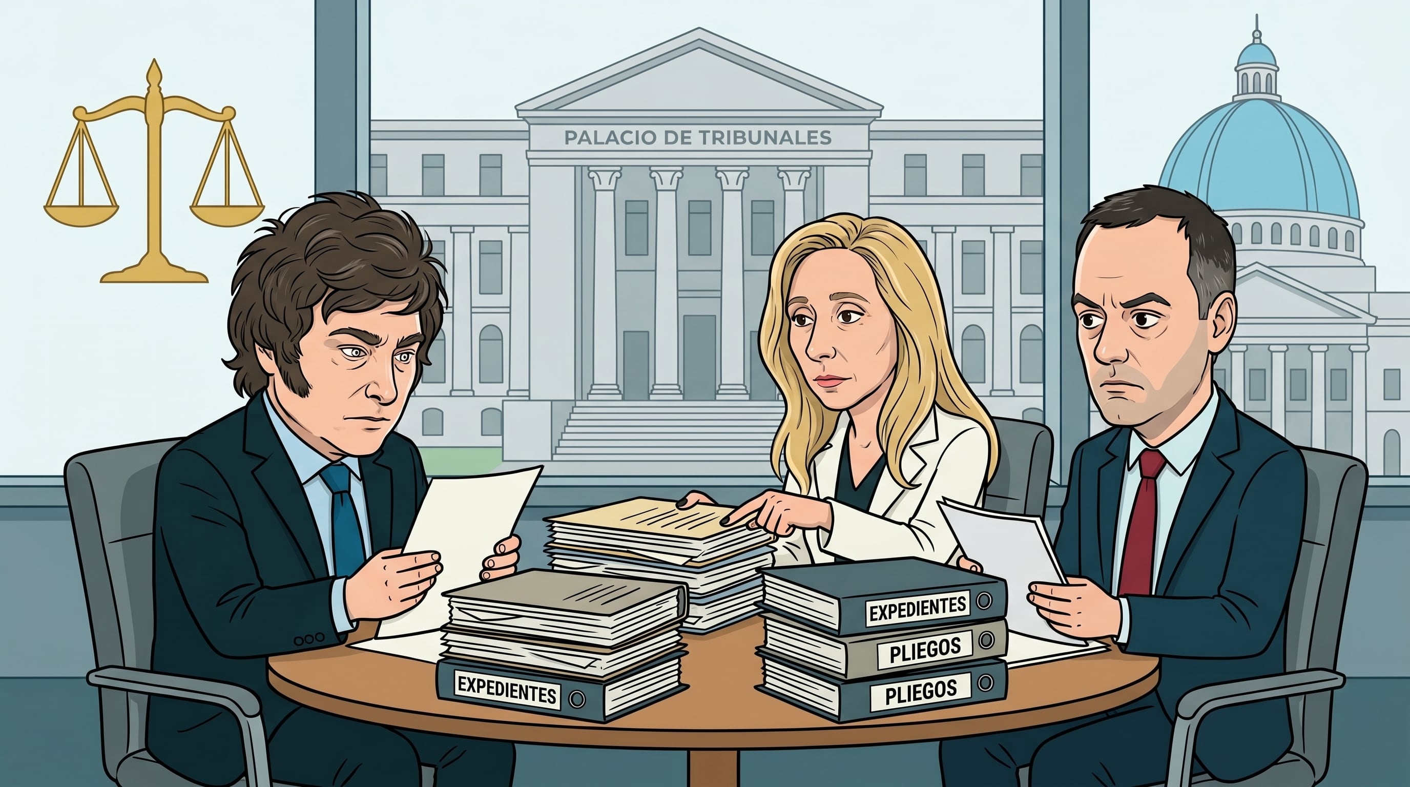 Caricatura de Javier Milei, Karina Milei y Manuel Adorni (Imagen Ilustrativa Infobae)