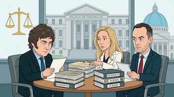 Caricatura de Javier y Karina Milei con Manuel Adorni en mesa con documentos. Al fondo, el Palacio de Tribunales, balanza de justicia y cúpula del Senado.
