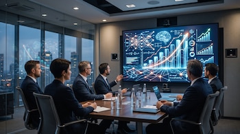 Seis ejecutivos sentados a una mesa de juntas observan una gran pantalla azul con gráficos, redes neuronales y diagramas financieros.