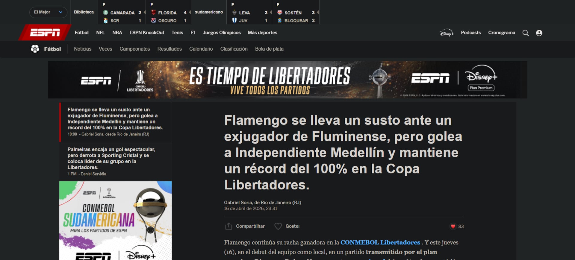 El canal deportivo más importante de Sudamérica destacó el gol parcial que hizo Independiente Medellín-crédito ESPN Brasil