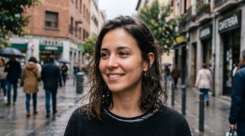 Una mujer joven con cabello castaño sonríe en primer plano ante una calle con edificios, comercios y personas con paraguas.