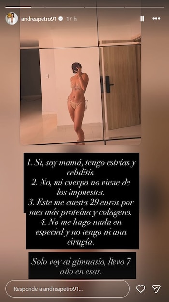 Ante los señalamientos, Andrea Petro afirmó que es madre y que su cuerpo responde a hábitos de ejercicio constantes - crédito @andreapetro91/Instagram