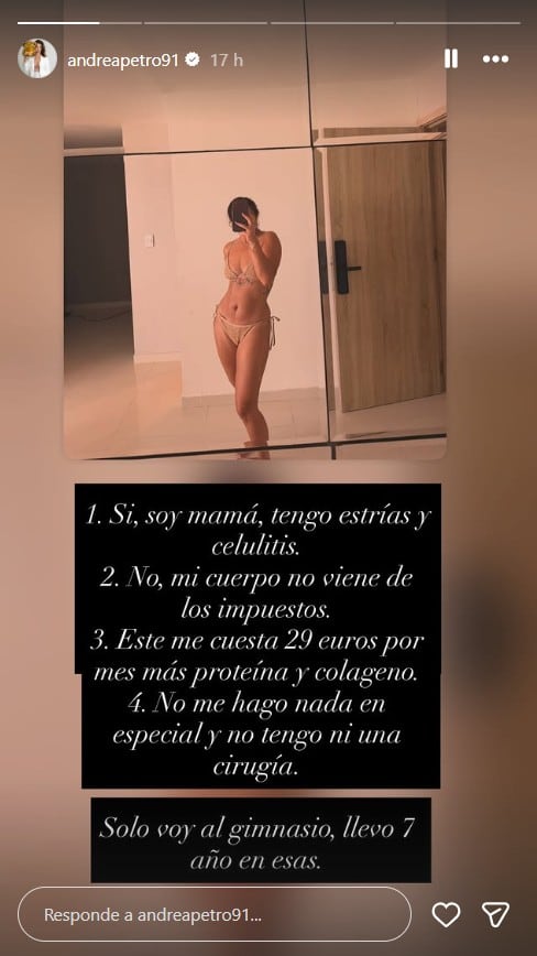 Ante los señalamientos, Andrea Petro afirmó que es madre y que su cuerpo responde a hábitos de ejercicio constantes - crédito @andreapetro91/Instagram