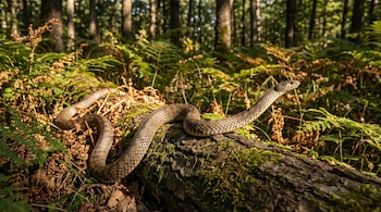 Serpiente marrón-grisácea con escamas detalladas en un tronco con musgo. Rodeada de helechos verdes y vegetación en un bosque iluminado por el sol.