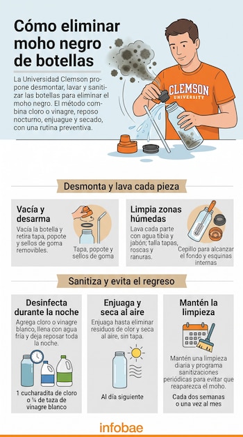 Infografía con ilustraciones y textos explicativos sobre los pasos para lavar y desinfectar una botella de agua con moho negro.