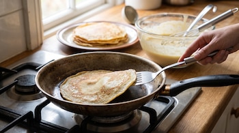 Mano con espátula volteando un panqueque en una sartén sobre cocina a gas. Al fondo, plato con panqueques y bol con mezcla y utensilios.