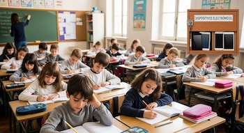 Un aula tradicional llena de niños de 6 a 8 años concentrados en sus cuadernos y lápices. Al fondo, una caja de madera guarda teléfonos y tabletas.