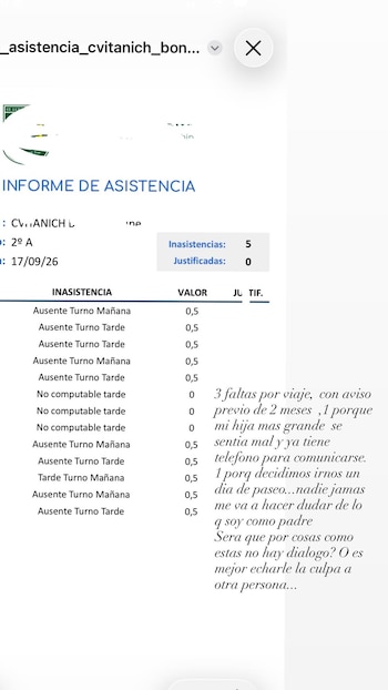 Captura de pantalla de un informe de asistencia escolar con un registro de faltas y un texto explicativo superpuesto en tipografía cursiva