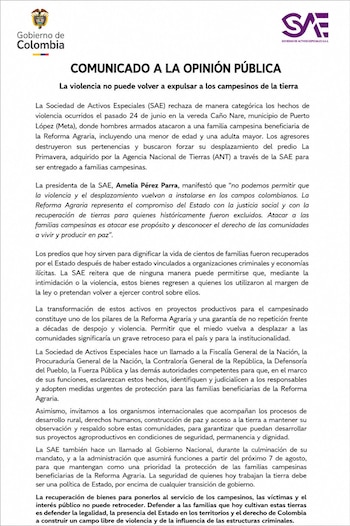 A Associação de Bens Especiais repudia a violência contra a população camponesa - crédito @trabajosSAE/X