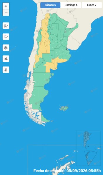 Mapa de Argentina pintado de colores verde y amarillo con íconos de clima y fechas en la parte superior