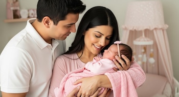 Primer plano de una madre sonriente sosteniendo a su bebé recién nacida en brazos, mientras el padre observa con cariño. La bebé viste ropa y manta rosada.
