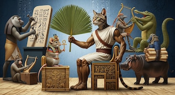 Collage de humor faraónico mostrando animales antropomórficos: un ratón en un trono es abanicado por un gato, mientras otros tallan jeroglíficos y tocan música.