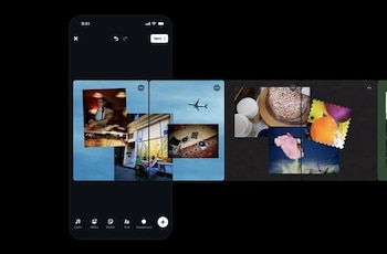 Pantalla de teléfono móvil con una interfaz oscura de edición que incluye opciones de audio, texto y pegatinas junto a varias fotografías