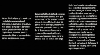 Três livros com texto branco sobre fundo preto, da esquerda para a direita, contam a história da recuperação do cantor Javier Malosetti após uma lesão.