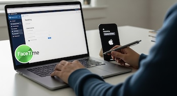 Manos y antebrazos, laptop con pantalla de interfaz bancaria y logo FaceTime, smartphone con alerta de mensaje y logo Apple, bolígrafo sobre escritorio.