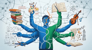 Ilustración de figura humana con brazos que sostienen libros, paleta de pintura, pinceles, violín, partituras, y elementos de matemáticas y ciencia.