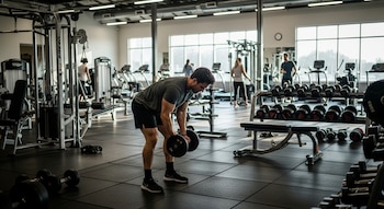 Hombre levanta mancuernas en un gimnasio. Hay máquinas de ejercicio, bancos, estantes con pesas y algunas personas en el fondo.