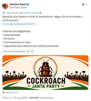Logo de Cockroach Janta Party con una cucaracha de lentes de sol y siluetas de personas protestando. Incluye texto sobre requisitos de unión