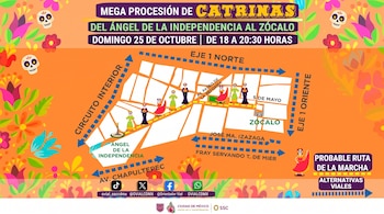 Infografía con mapa de calles de la Ciudad de México, figuras de catrinas sobre el trazado vial, flechas de circulación y nombres de avenidas.