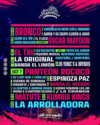 Póster informativo de un evento con logo "San Francisco Feria de Pachuca 2023", listas de artistas musicales, fechas de septiembre y octubre, y fondo azul oscuro