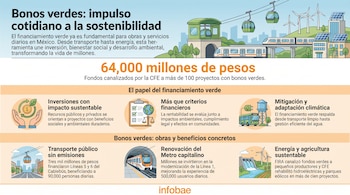 Infografía con título sobre bonos verdes y sostenibilidad en México, ilustraciones de transporte, energía renovable, proyectos, cifras y texto explicativo.